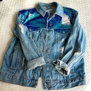 Topshop distressed denim jacket with sequins